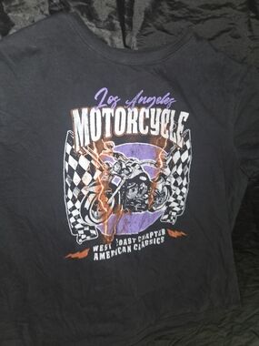 Simple Faded Black Graphic 'Motorcycle' Tee with Purple and Orange Accents